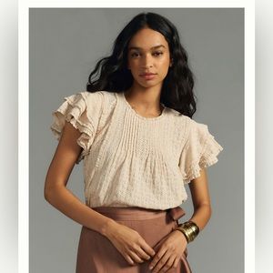 Anthropologie Pintuck Lace Blouse Cream Off White Beige Ruffled Top Medium